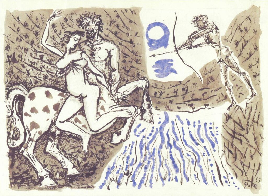 Περνώντας με την Δηιάνειρα στην αντίπερα όχθη του Ευήνου, ο Νέσσος παραφέρθηκε, πρόλαβε όμως ο Ηρακλής και του 'ριξε το βέλος στην καρδιά